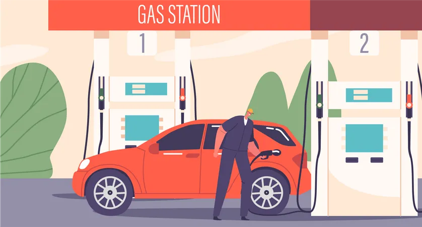 Worker Male Character In Uniform Diligently Refuels A Car At The Gas Station Ensuring A Smooth And Efficient Process To Keep Vehicles On The Move Cartoon People Vector Illustration Illustration