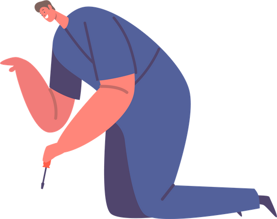Worker Male Uses Screwdriver To Tighten Or Loosen Screws. Common Tool Used In Construction, Furniture Assembly  Illustration