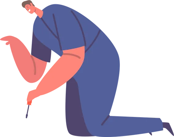 Worker Male Uses Screwdriver To Tighten Or Loosen Screws. Common Tool Used In Construction, Furniture Assembly  Illustration