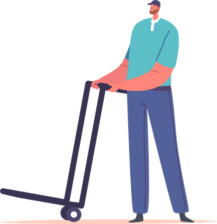 Worker Male Using Manual Trolley For Transportation  Illustration