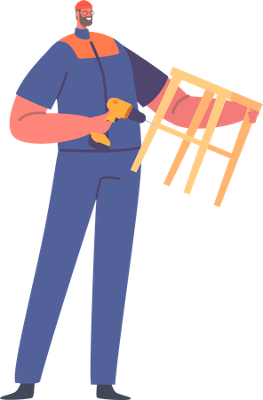 Worker Male Wear Uniform Using Drill Assembling Wooden Chair  Illustration