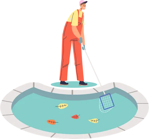 Worker man cleaning pool from garbage and leaves with net  Illustration