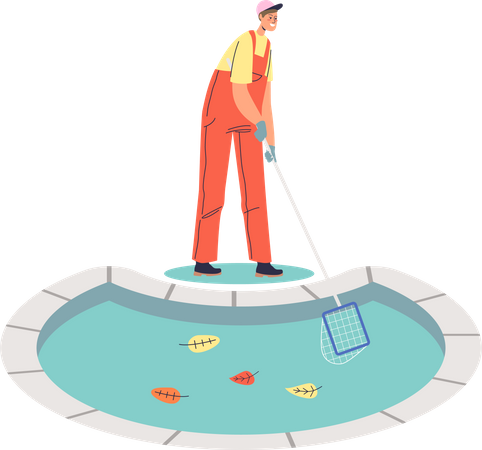 Worker man cleaning pool from garbage and leaves with net  Illustration