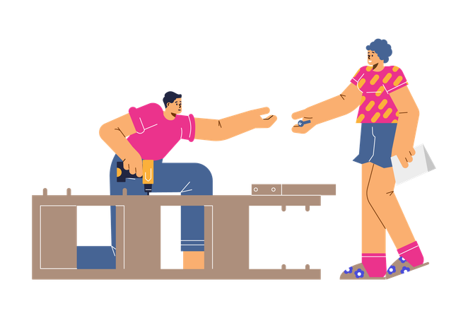 Worker man with screwdriver assembling while woman giving screw  Illustration