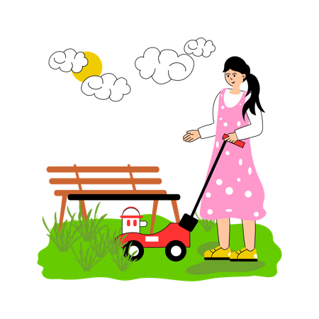 Worker mowing lawn with a grass cutter  Illustration