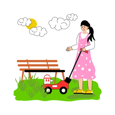 Worker mowing lawn with a grass cutter  Illustration