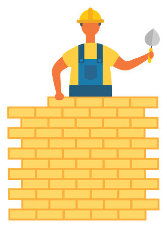 Worker on Building Construction, Bricks and Wall  Illustration