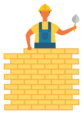 Worker on Building Construction, Bricks and Wall  Illustration