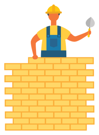 Worker on Building Construction, Bricks and Wall  イラスト