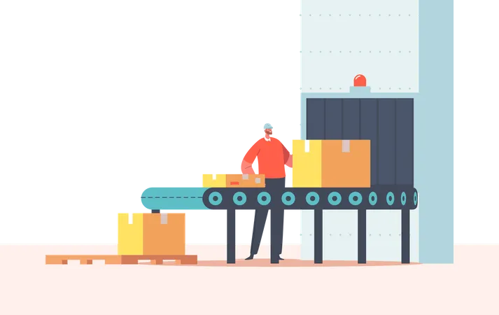 Worker Packing Cargo on Conveyor Belt  Illustration