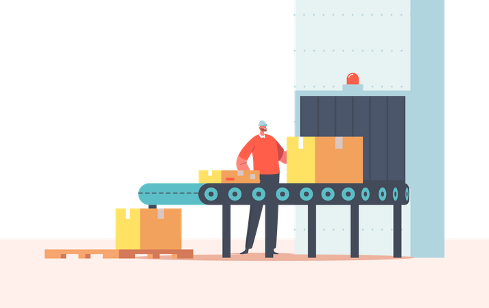 Worker Packing Cargo on Conveyor Belt  Illustration