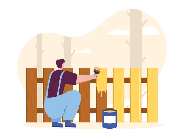 Worker painting garden fence  Illustration
