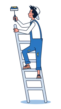 Worker painting wall using ladder Illustration