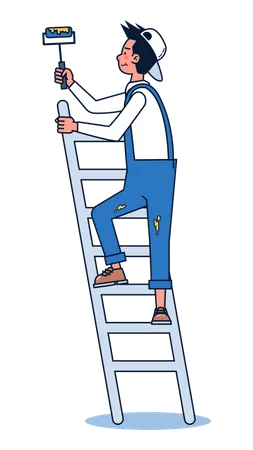 Worker painting wall using ladder  Illustration