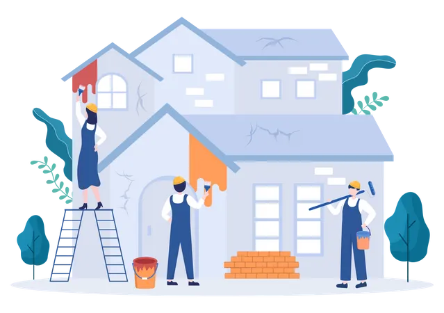 Worker painting walls of house Illustration