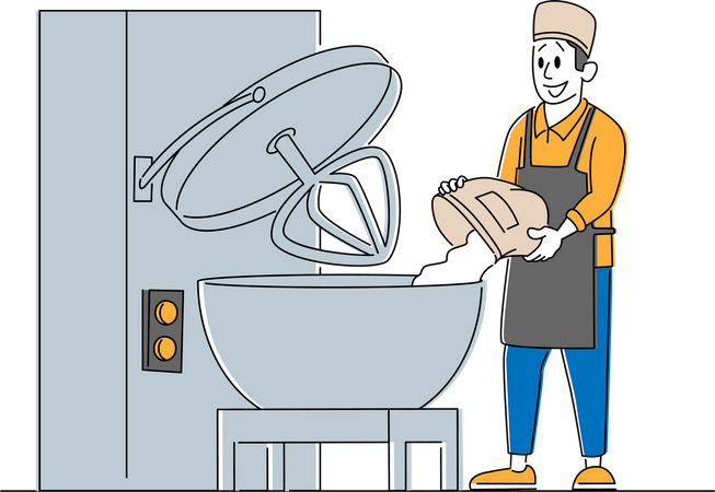 Worker Prepare Fresh Bread Pouring Flour to Container for Mixing Dough in Bakehouse Factory Illustration