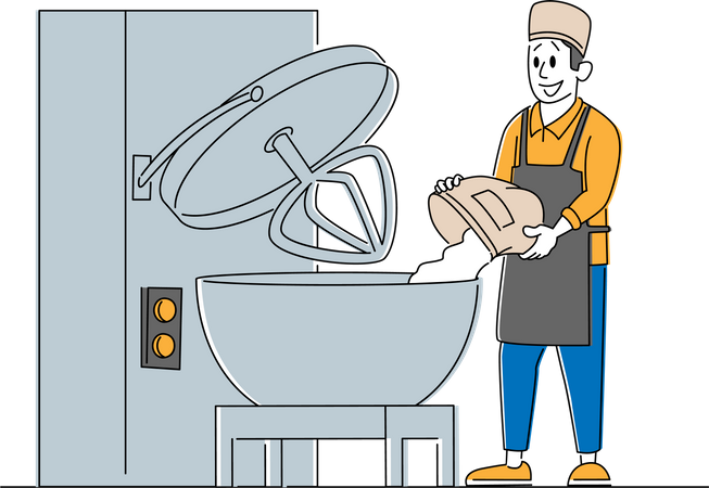 Worker Prepare Fresh Bread Pouring Flour to Container for Mixing Dough in Bakehouse Factory  Illustration