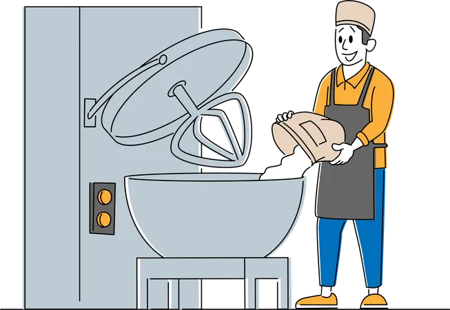 Worker Prepare Fresh Bread Pouring Flour to Container for Mixing Dough in Bakehouse Factory  Illustration