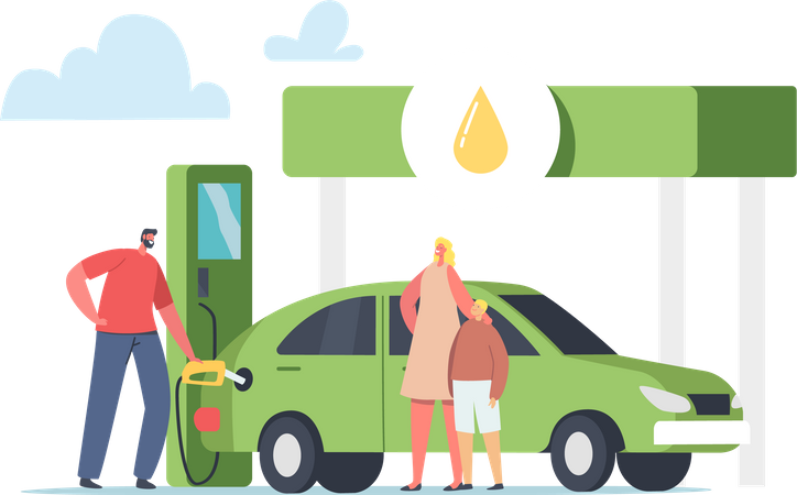 Worker Pump Eco Petrol, Gasoline for Charging Auto with Family. Illustration