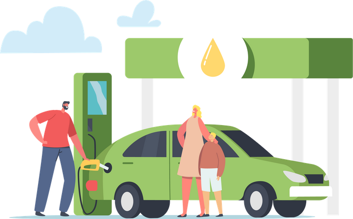 Worker Pump Eco Petrol, Gasoline for Charging Auto with Family.  Illustration