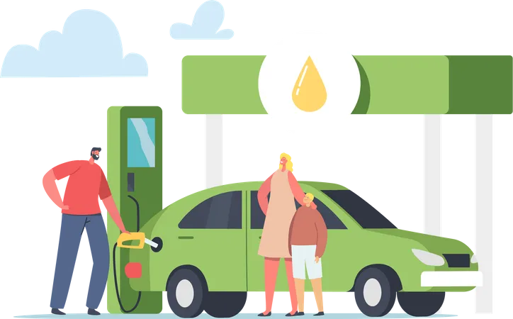 Worker Pump Eco Petrol, Gasoline for Charging Auto with Family.  Illustration