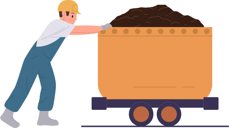 Man Worker Cartoon Character Transporting Extracted Ore Pushing Wagon On Rail Engaged In Coal Mining In Mine Professional Miner Working In Quarry Vector Illustration Extraction Industry Concept イラスト