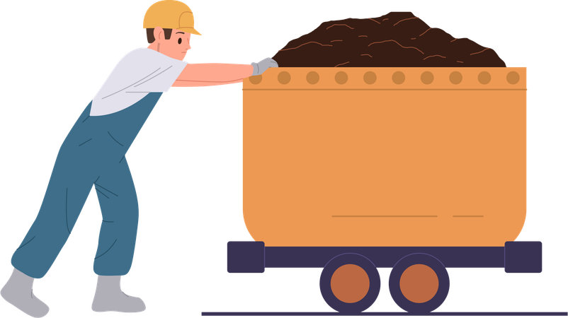 Worker pushes coal trolley  Illustration