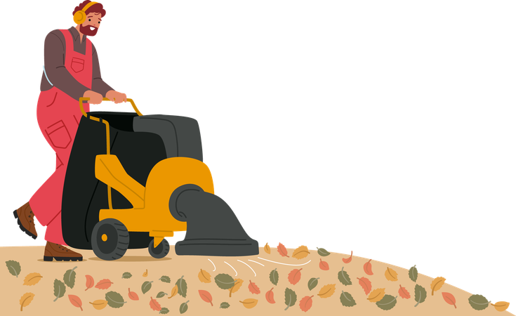 Worker Pushing Leaf Blower Machine While Collecting Autumn Leaves In City Park  Illustration