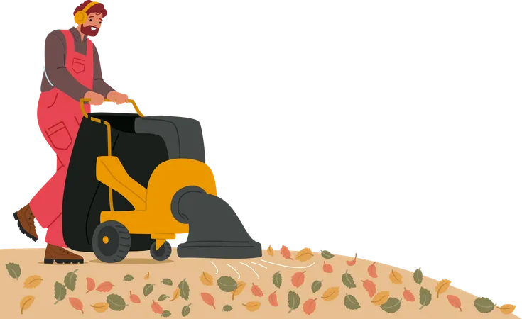 Worker Pushing Leaf Blower Machine While Collecting Autumn Leaves In City Park  Illustration