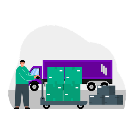 Worker pushing package cart Illustration