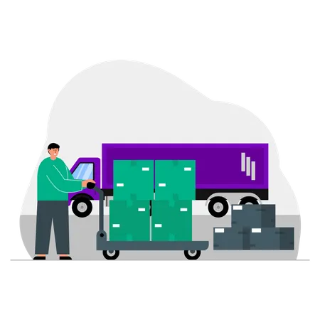 Worker pushing package cart  Illustration
