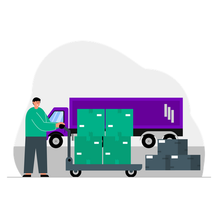 Worker pushing package cart  Illustration