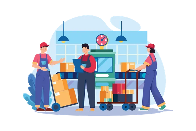 Worker Pushing Package Cart In Warehouse Illustration