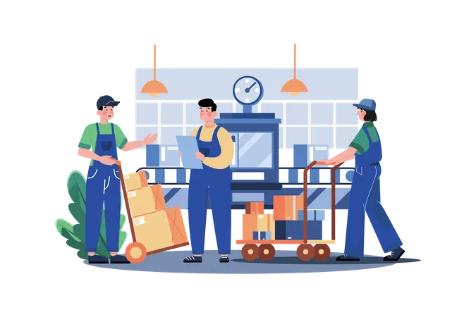 Worker Pushing Package Cart In Warehouse Illustration