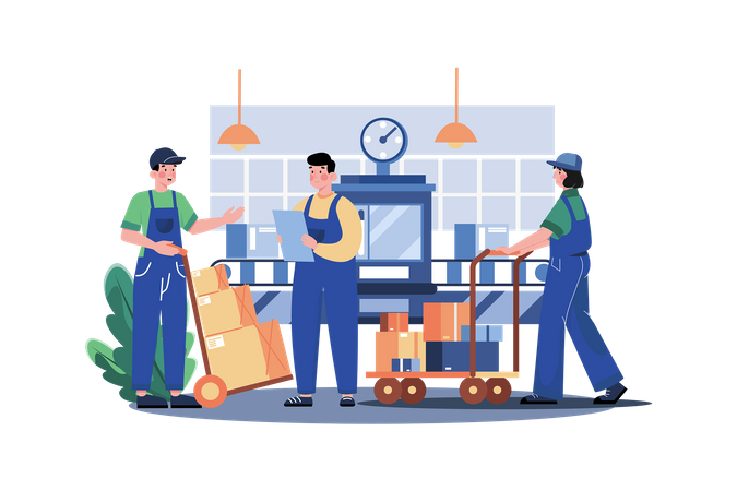 Worker Pushing Package Cart In Warehouse  Illustration