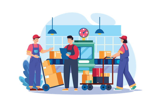 Worker Pushing Package Cart In Warehouse  Illustration