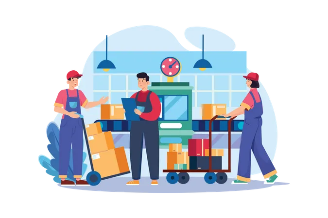 Worker Pushing Package Cart In Warehouse  Illustration