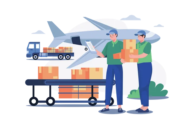 Worker putting boxes in a cargo plane Illustration