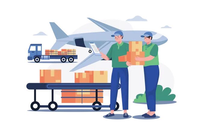 Worker putting boxes in a cargo plane  Illustration