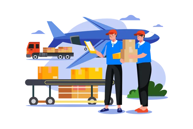 Worker putting boxes in a cargo plane  Illustration