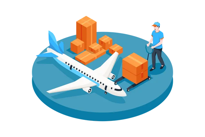 Worker putting boxes in cargo plane Illustration