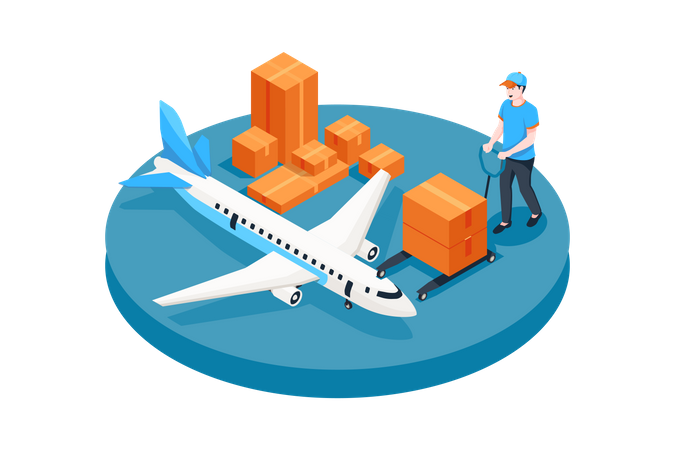 Worker putting boxes in cargo plane  Illustration