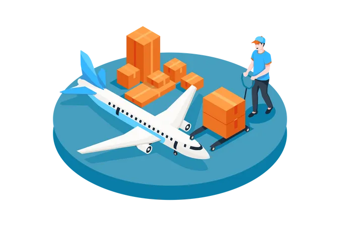 Worker putting boxes in cargo plane  Illustration