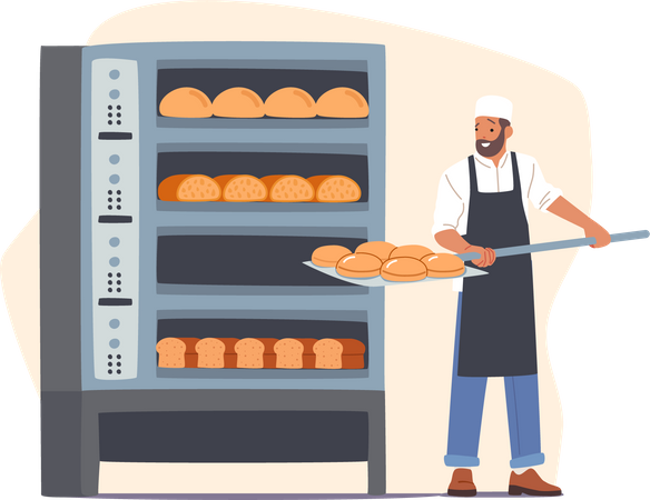 Worker putting bread dough into oven for baking  Illustration