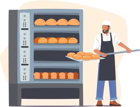 Worker putting bread dough into oven for baking  Illustration