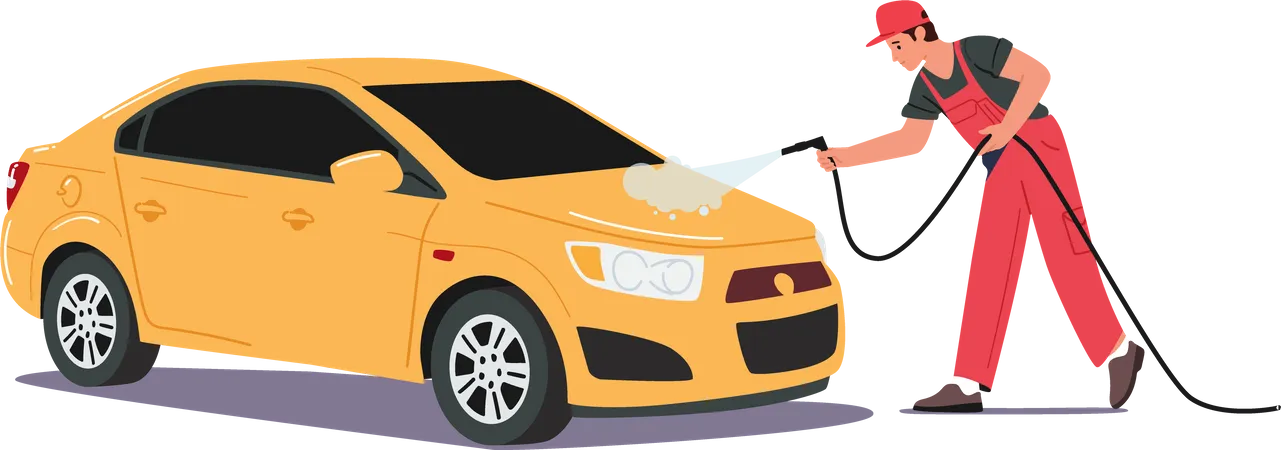 Worker removing dust from the car using air pressure  Illustration
