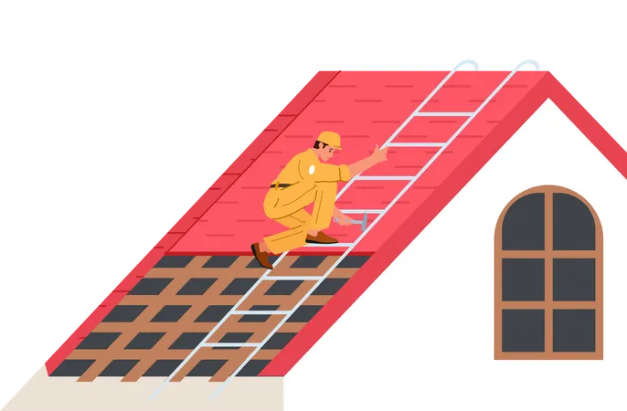Worker Repair Home Rooftop Illustration