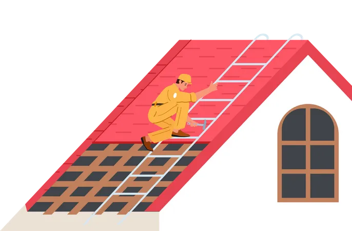 Worker Repair Home Rooftop  Illustration