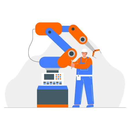 Worker repairing robotic hand  Illustration