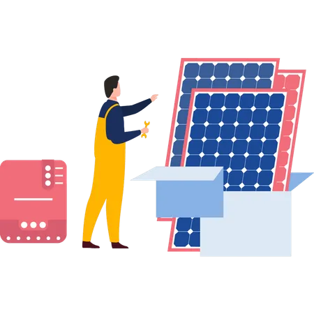 Worker repairs solar panel  Illustration